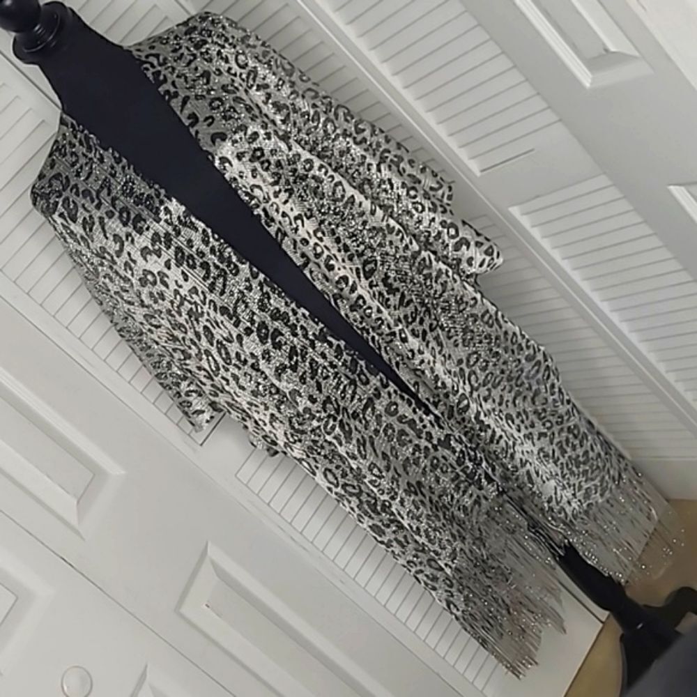 bon voyage fringed one size fits most silver, gray and black shawl -jacket NWT